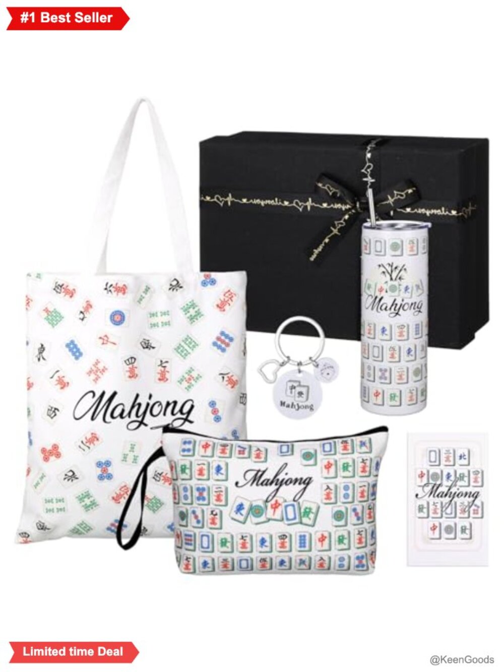 Mahjong Gift Set 6 Pc Insulated Tumbler Canvas Makeup Tote Bag Keychain Card